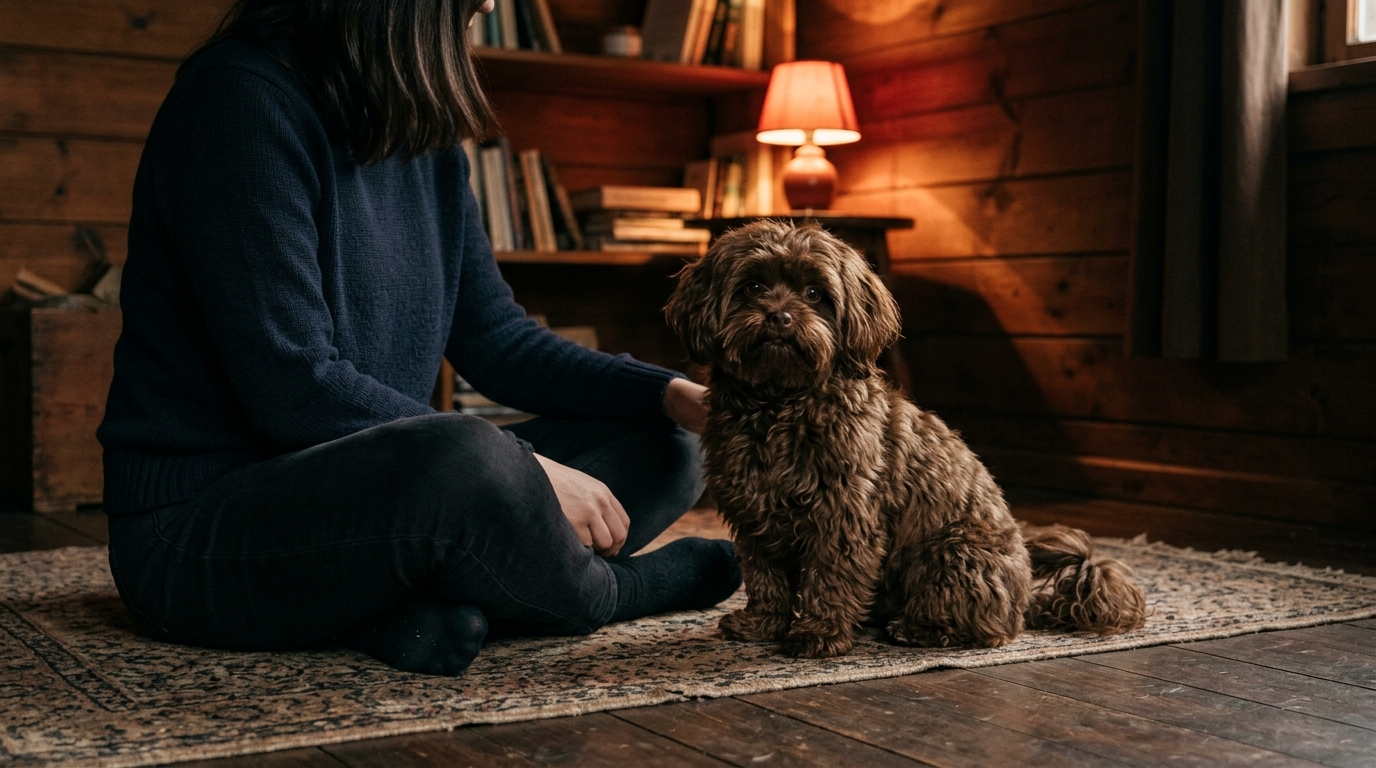 Eine Person sitzt in einem dunklen, warm beleuchteten Wohnraum auf dem Boden neben einem kleinen langhaarigen Hund.